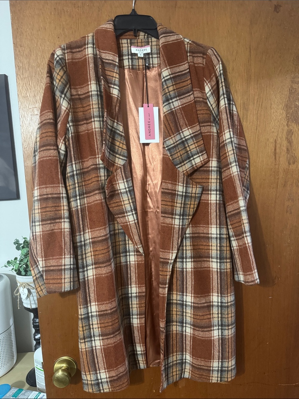 ANDREE BY UNIT Brown Rust Plaid Trench Coat